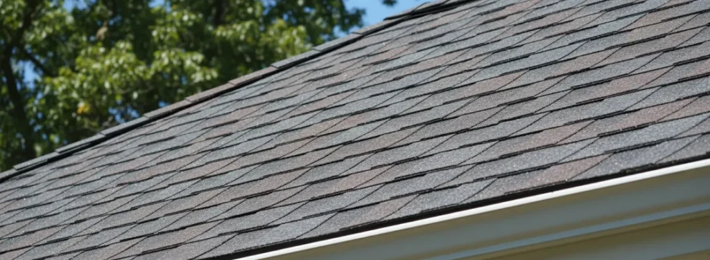 Close-up of new charcoal architectural asphalt shingles on residential roof with white gutter