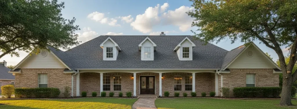 Single-story brick home with dark asphalt shingle roof, triple dormers, and covered entryway.