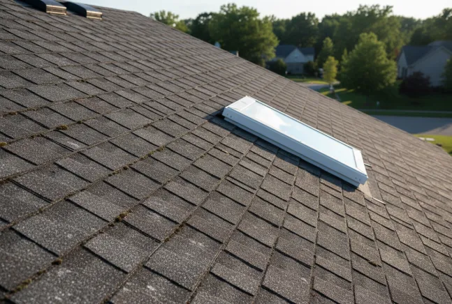 Skylight installed on dark gray asphalt shingle roof in suburban neighborhood