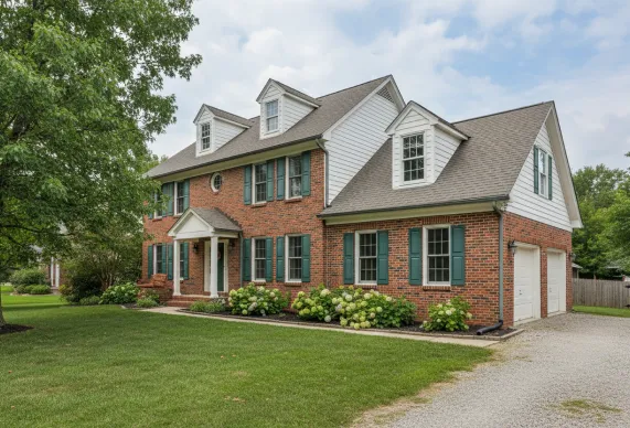 Two-story brick and white colonial house with green shutters, dormer windows, and hydrangea landscaping.
