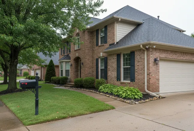 Two-story brick colonial home with dark shutters, attached garage, and landscaped front yard.